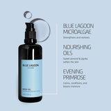 Body Oil on light blue background with illustrated benefits that calms, conditions and boosts moisture